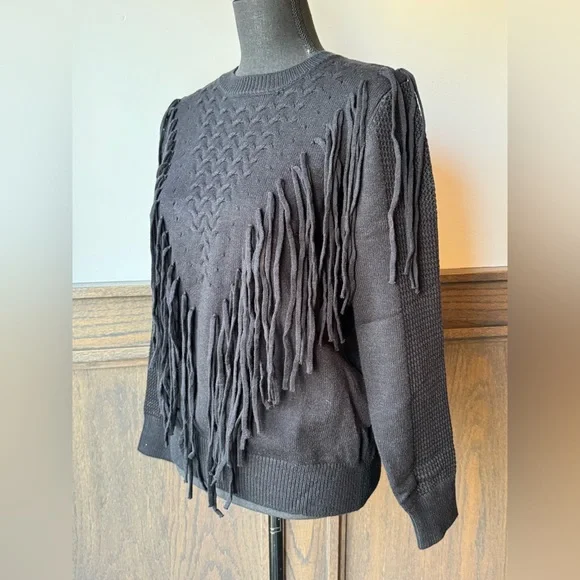 Black Boho Western Fringed Crewneck Sweater Medium - Picture 2 of 6